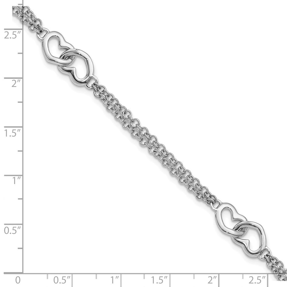 Sterling Silver Rhodium-plated Hearts Double Chain Bracelet 7 inches