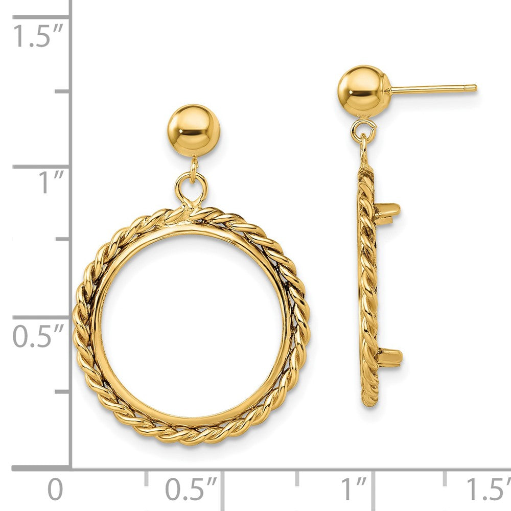 Wideband Distinguished Coin Jewelry 14k Polished Twisted Wire 17.8mm Prong Coin Bezel Post Dangle Earrings