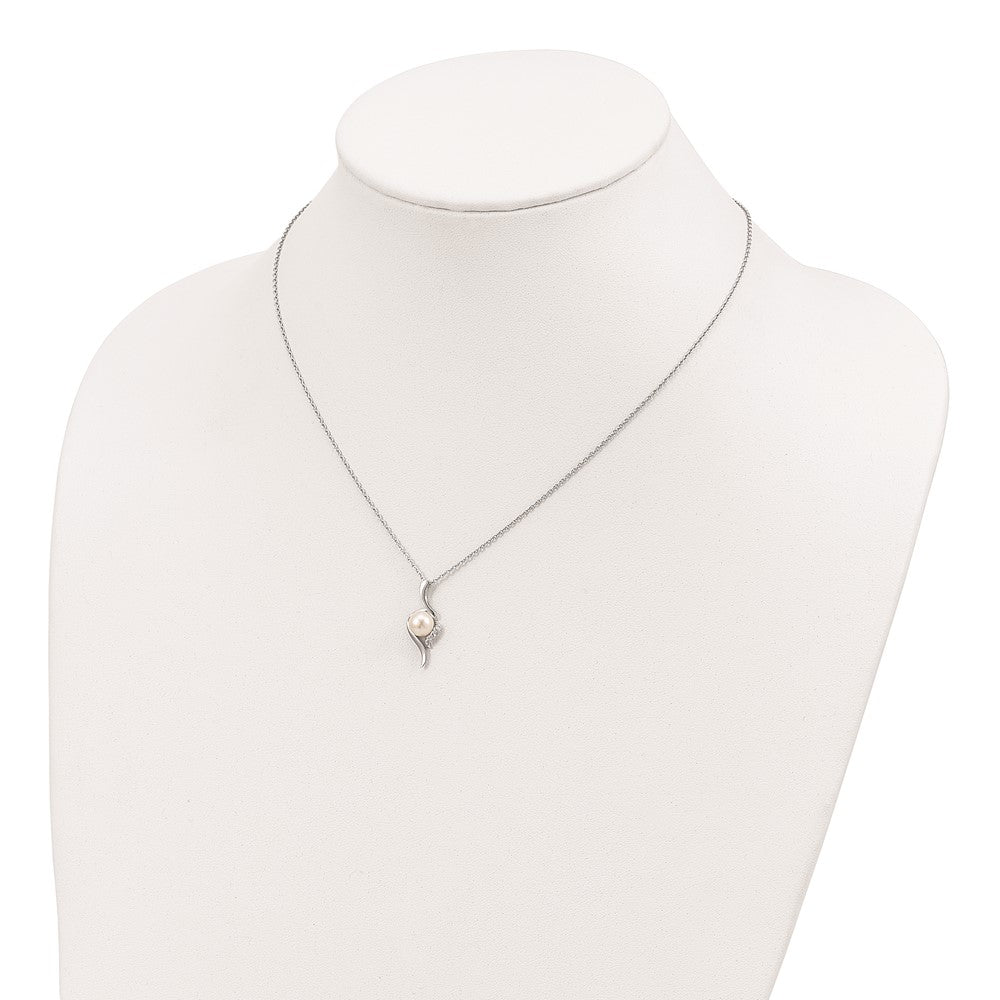 Sterling Silver Rhodium-plated 6-7mm White Semi-Round Freshwater Cultured Pearl and CZ 17 inch Necklace 17 Inches