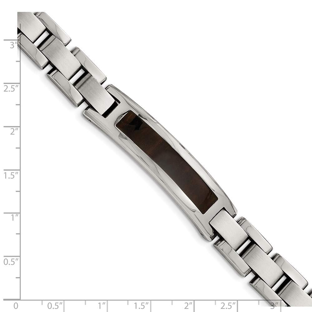 Stainless Steel Polished Enameled Black Koa Wood 8.5in Bracelet 8.5 inches