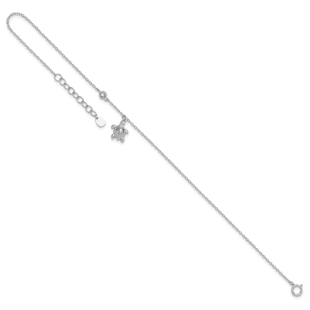 Sterling Silver Rhodium-plated Polished CZ Turtle 9 inch with an 1 inch extention Anklet 9 inches