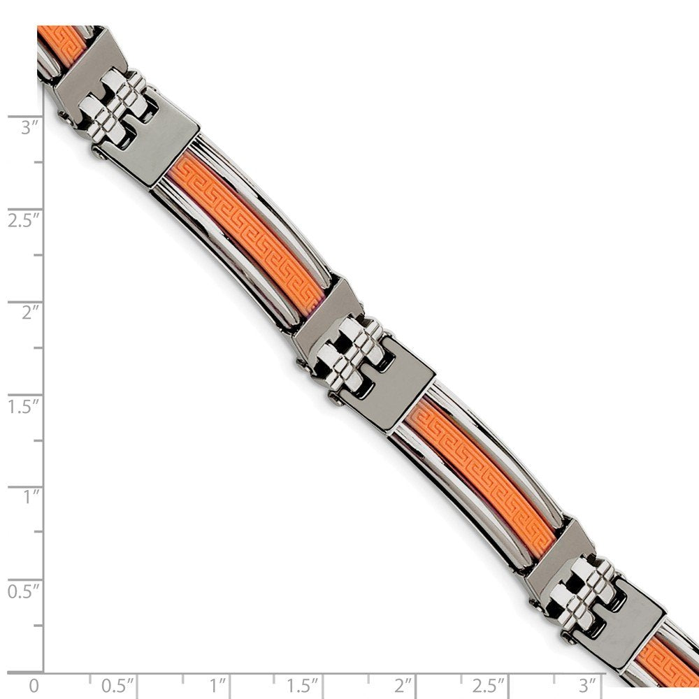 Stainless Steel 9in Polished with Orange Rubber Inlay Greek Key Bracelet 9 inches