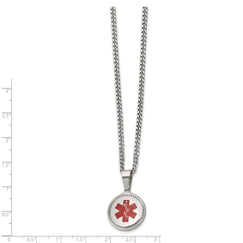 Stainless Steel Polished w/Red Enamel Circle Medical ID 20in Necklace
