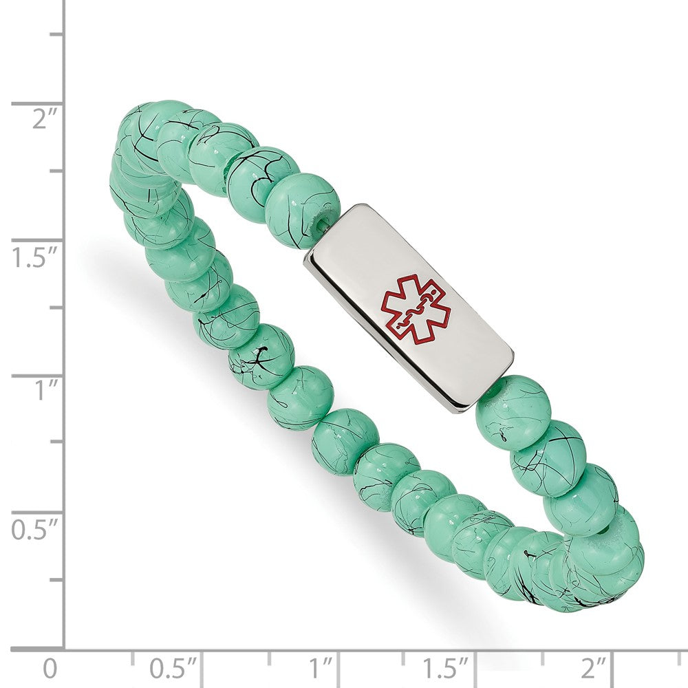 Stainless Steel Polished Enamel Medical ID Turquoise Glass Stretch Bracelet