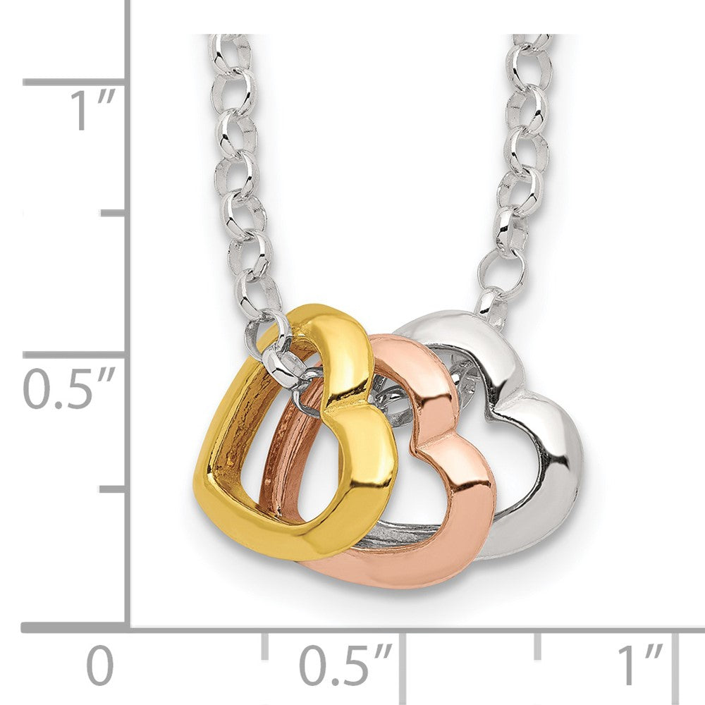 Sterling Silver and Vermeil Polished Fancy 3-Heart Necklace 18 Inches