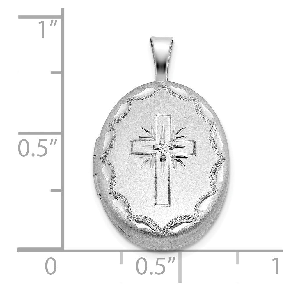 Sterling Silver Rhodium-plated Brushed 1/20 carat Diamond Engraved Cross 16mm Oval Locket