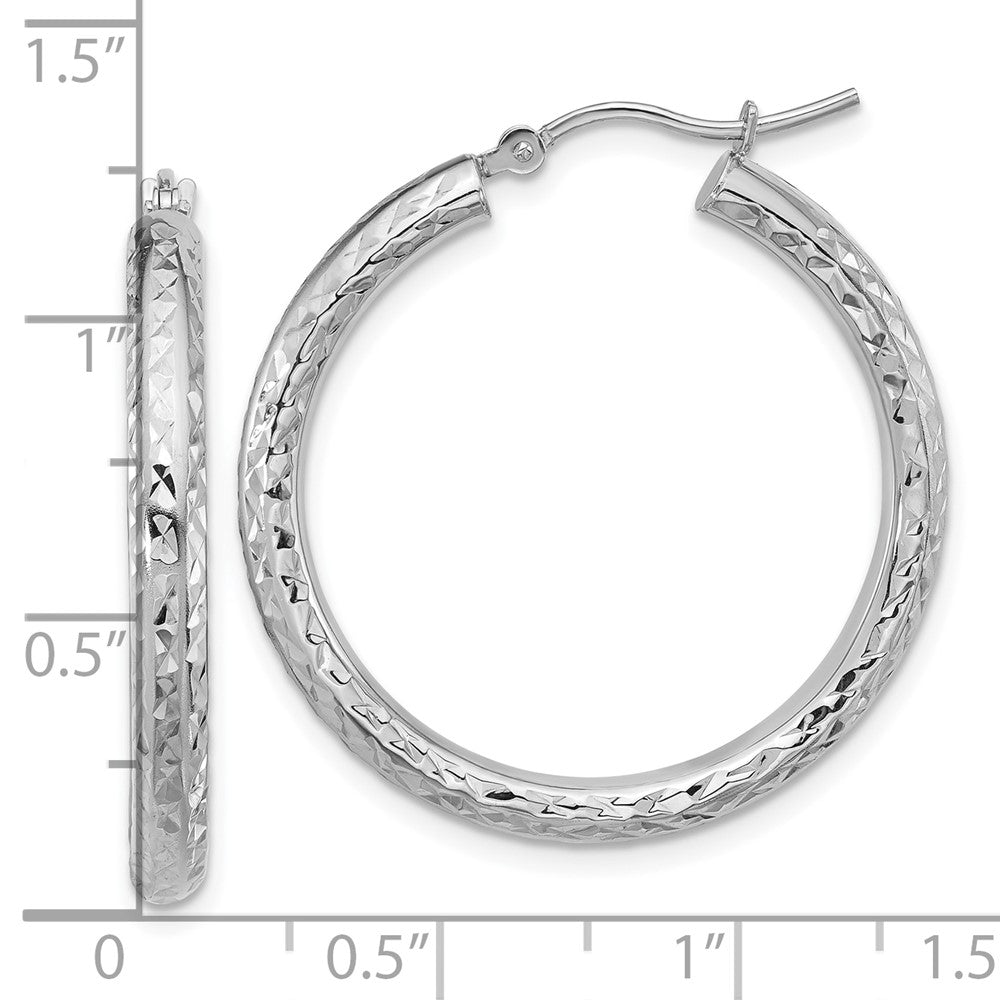 14K White Gold Diamond-Cut 3mm Round Hoop Earrings