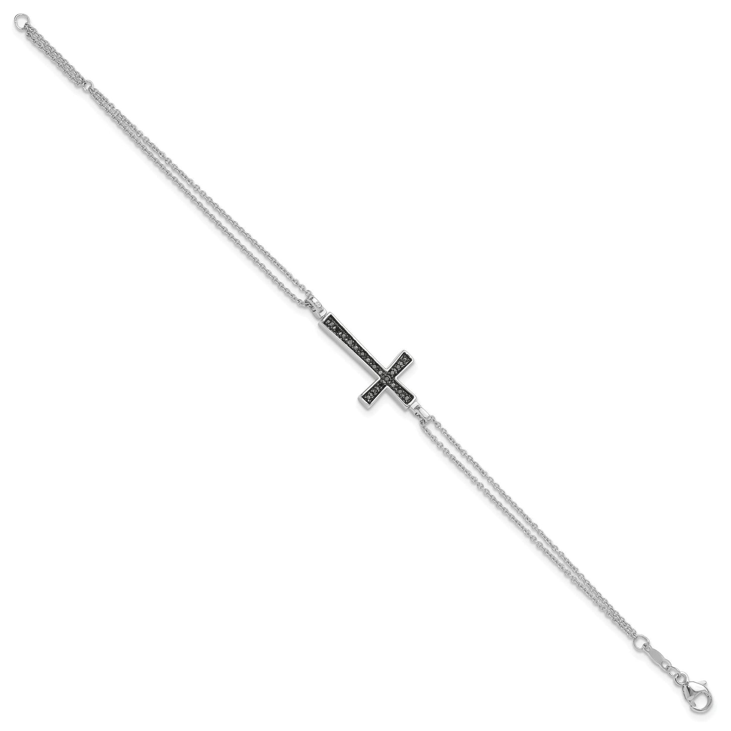 Sterling Silver Rhod 0.1ct. Blk & Wht Dia. Rvsble Cross 2 Strand Bracelet 6.5 inches