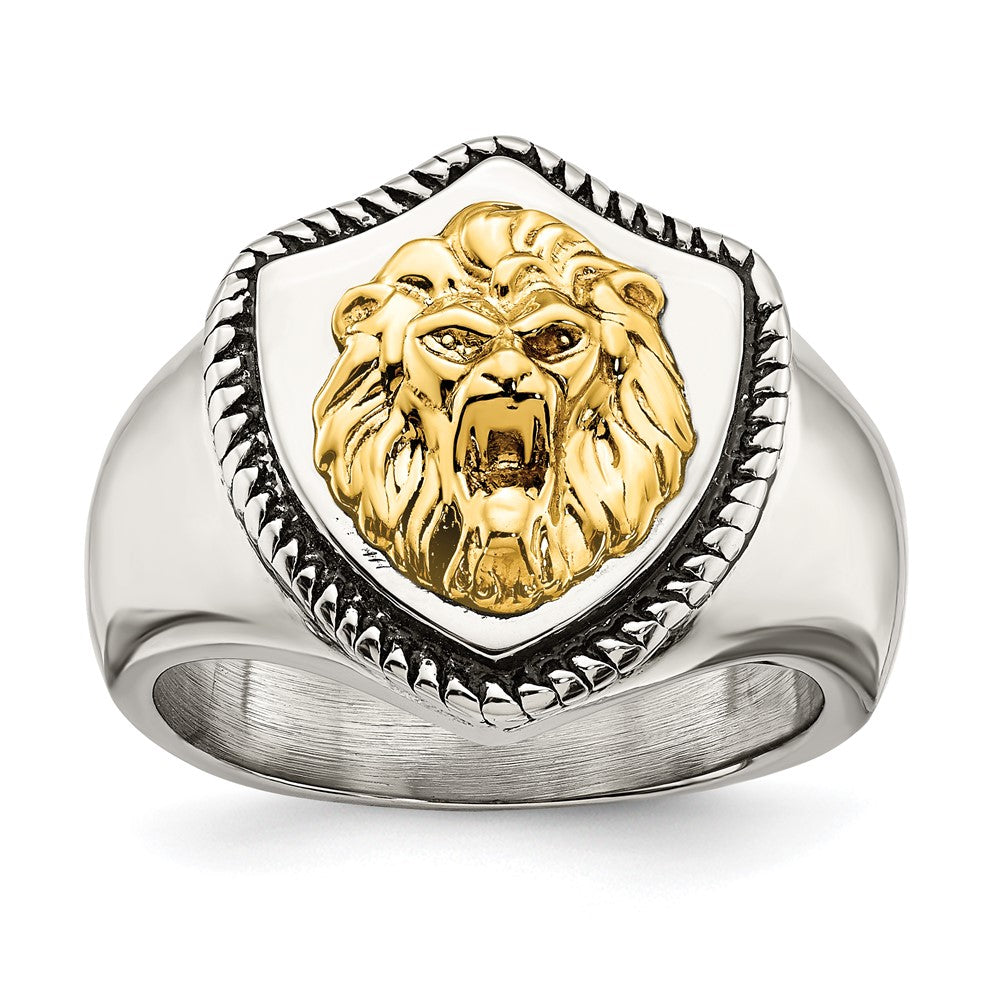 Stainless Steel w/14k Accent Antiqued & Polished Lion on Shield Ring Size - 12