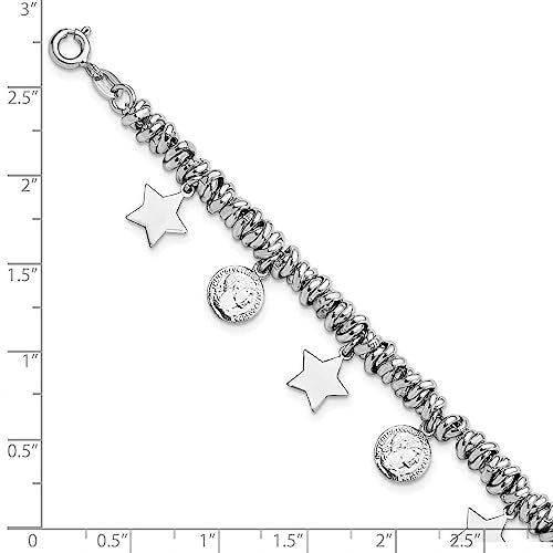 Sterling Silver Rhodium-plated Polished Coin and Star Charm w/ 1in ext. Bra