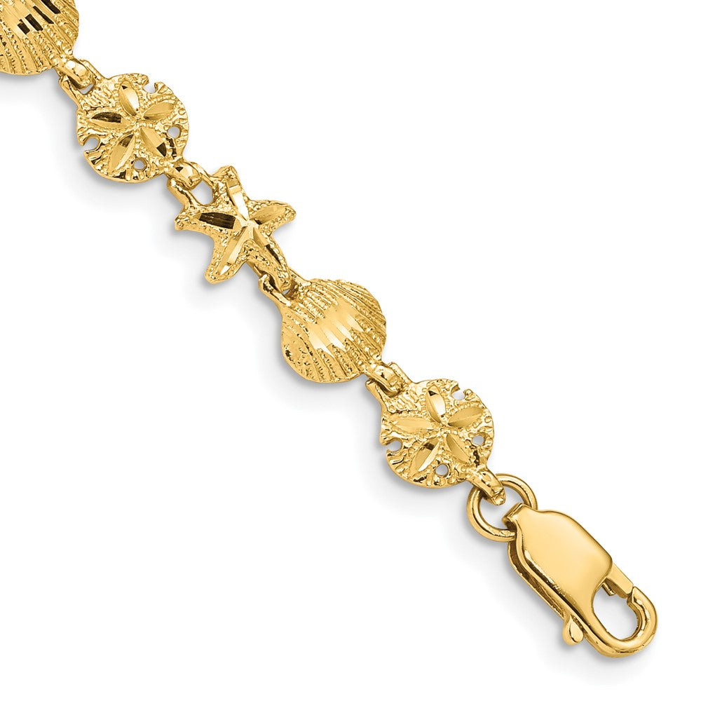 14K Starfish, Sand Dollar and Shell Bracelet 7 inches