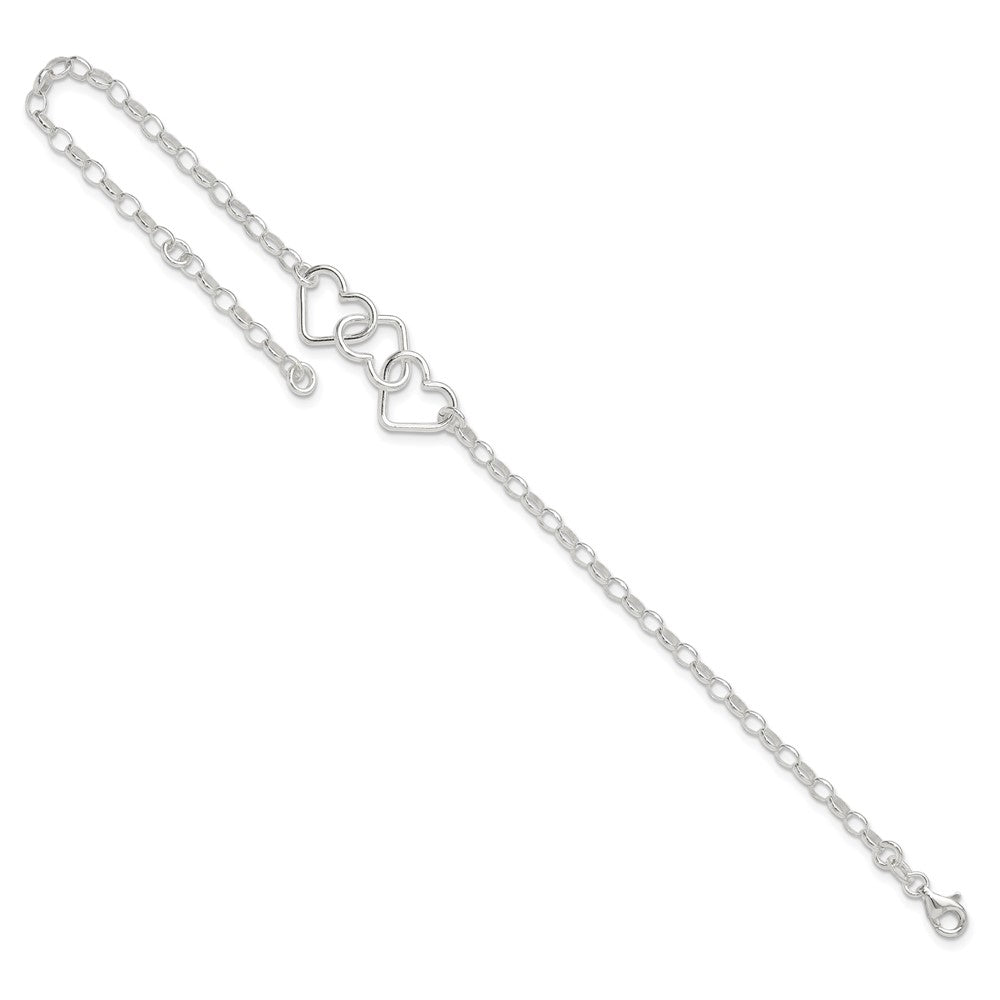 Sterling Silver 8 in Plus 1in Ext Interlocking Hearts Rolo Chain Anklet 9 inches
