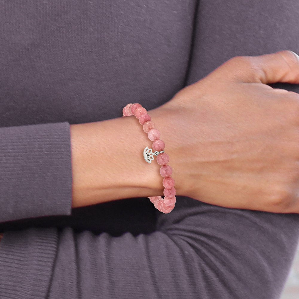Stainless Steel Polished Lotus Pink Jade Beaded Stretch Bracelet 6 inches