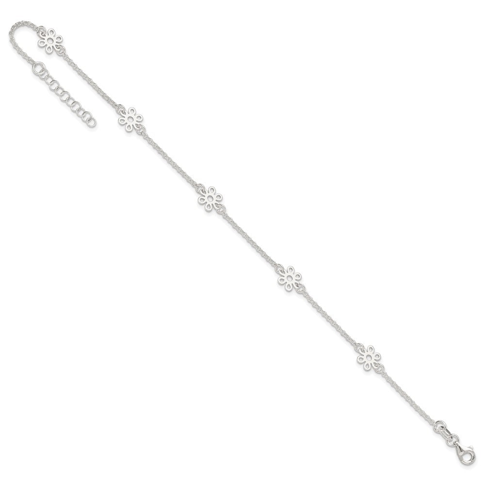 Sterling Silver Polished Flower 9in Plus 1in Ext. Anklet 9 inches