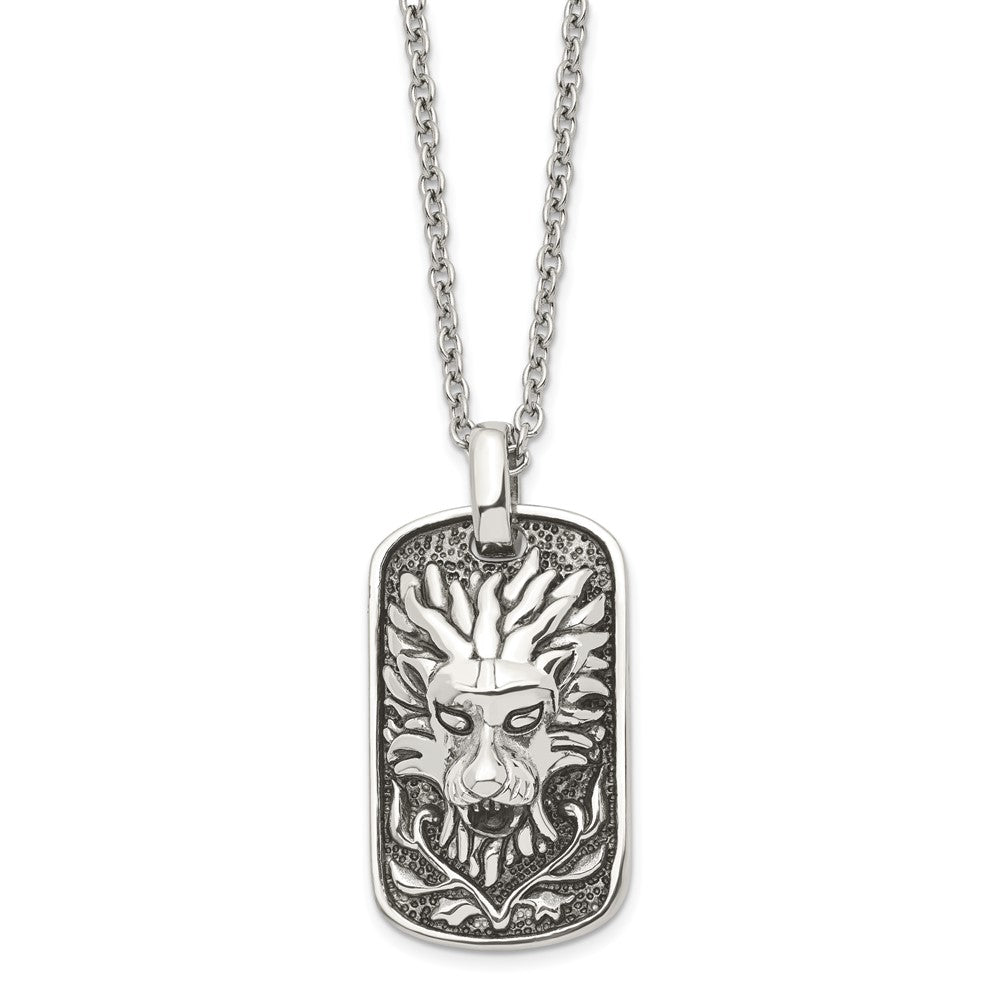 Stainless Steel Antiqued and Polished Lion Dog Tag 22in Necklace