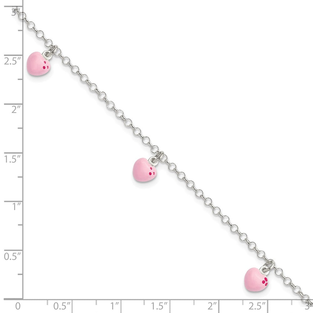Sterling Silver Polished Pink Enameled Hearts Children's Bracelet 6 inches
