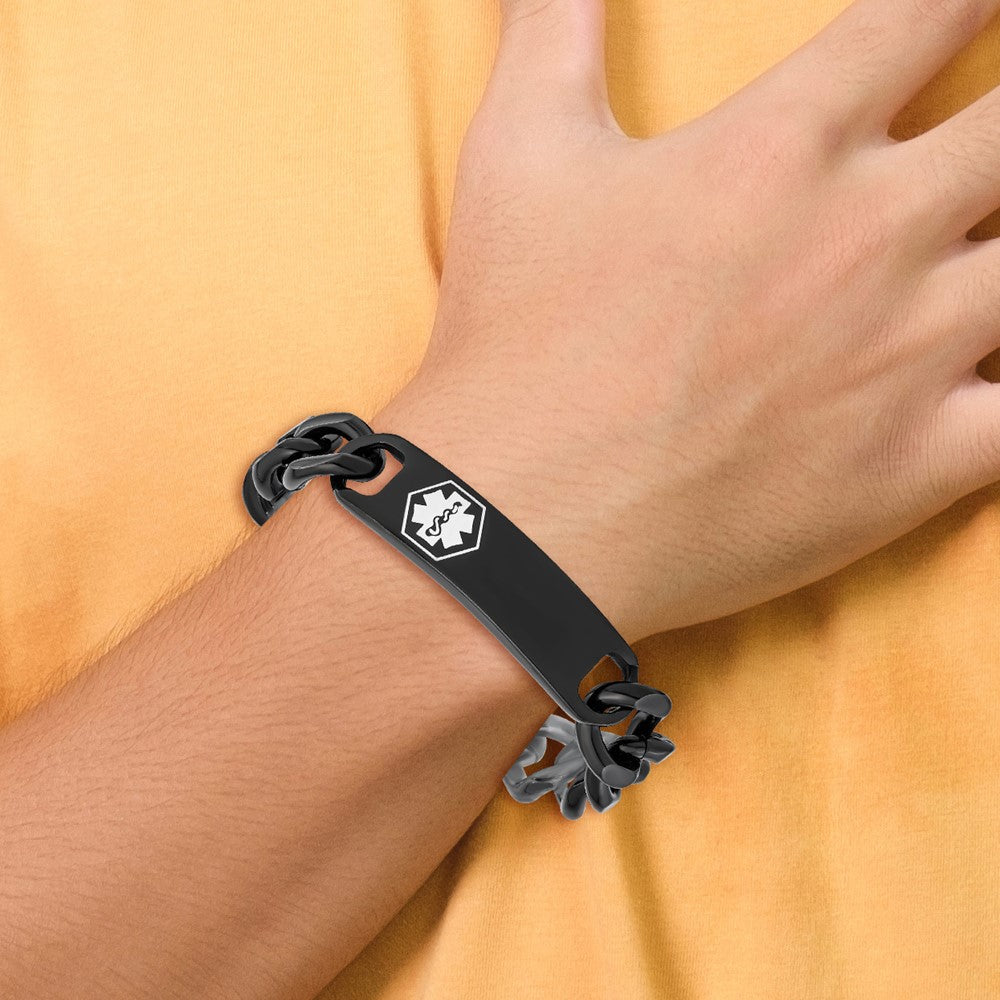 Chisel Stainless Steel Polished Black IP-plated with White Enamel Medical ID 8.25 inch Curb Chain Bracelet 8.25 inches