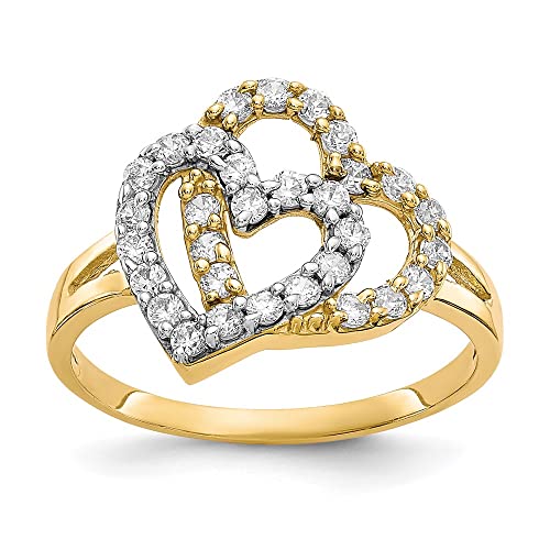 10K w/Rhodium Double Heart CZ Ring
