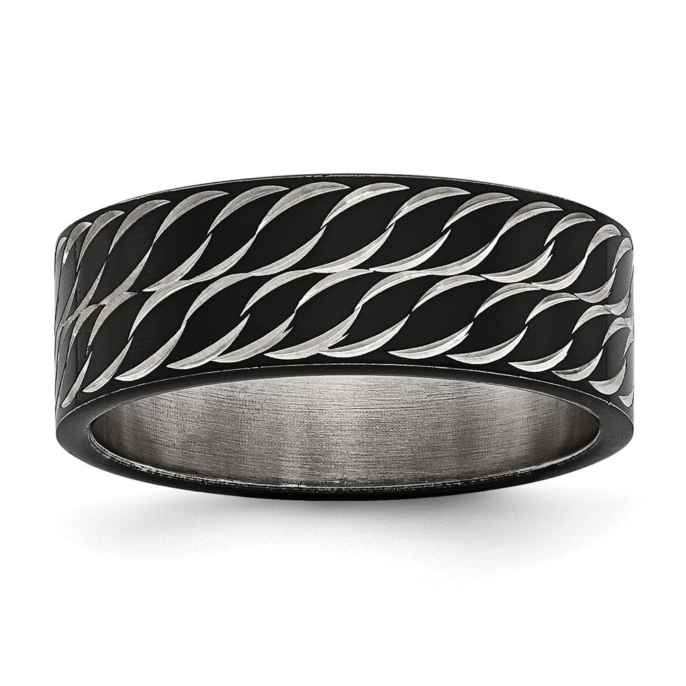 Stainless Steel Polished Black IP-plated Diamond-Cut 8mm Band Size - 10.5