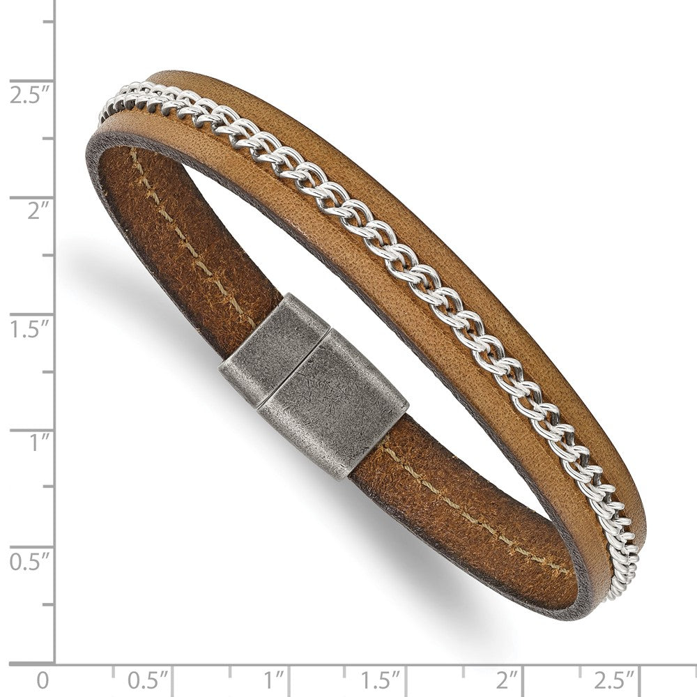 Stainless Steel Antiqued Brushed & Polished Brown Leather & Chain Bracelet 8.25 inches