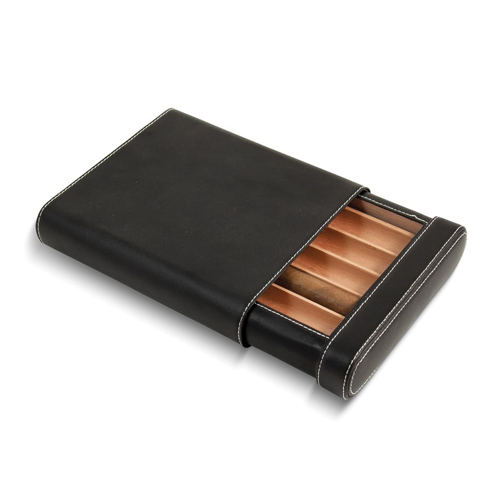 Black Leather 5-Cigar Travel Case with Spanish Cedar Lining and Humistat QGM8867