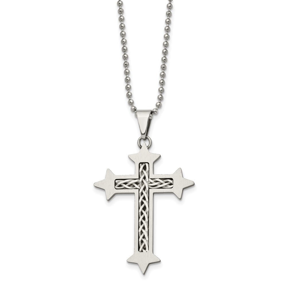 Stainless Steel Brushed w/Sterling Silver Inlay Cross 24in Necklace