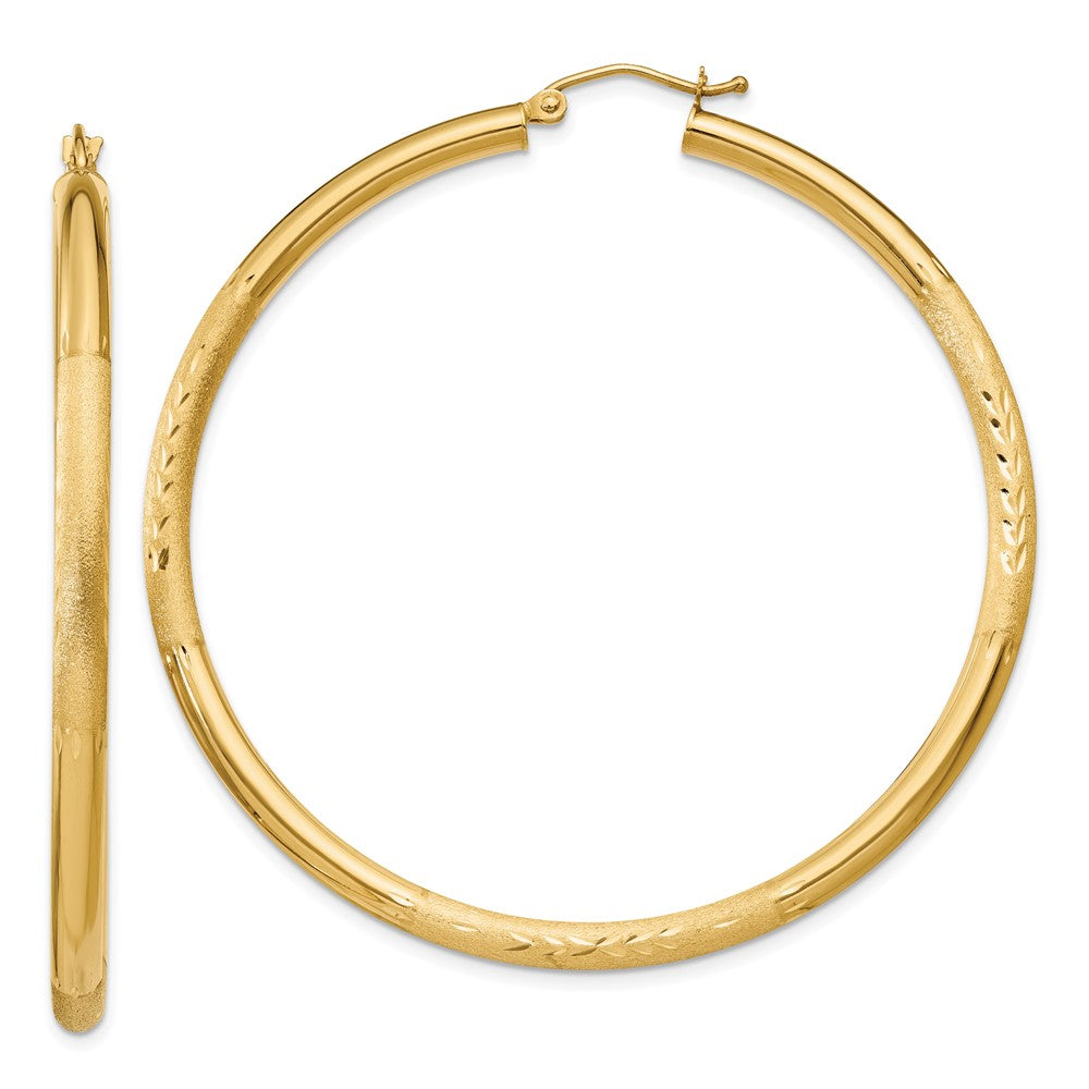 10k Satin & Diamond-cut 3mm Round Hoop Earrings