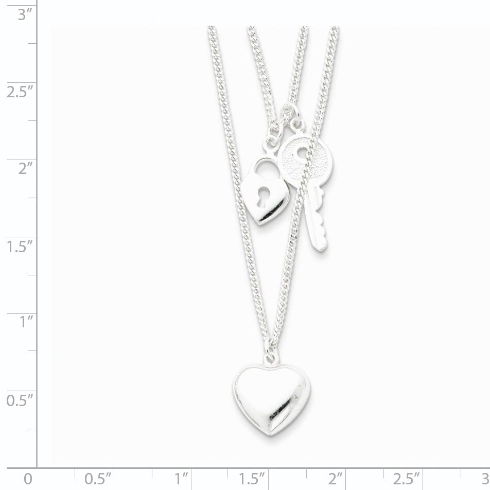 Sterling Silver 2-Strand Heart and Key Necklace 18 Inches