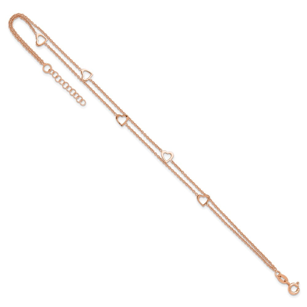 Sterling Silver Rose-tone Polished Heart 9in Plus 1in Anklet