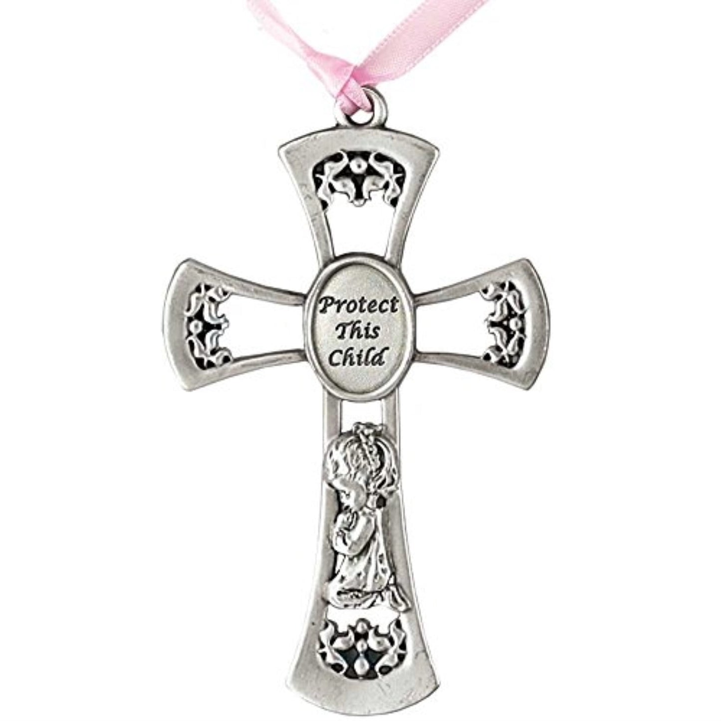 Pewter PROTECT THIS CHILD with Praying Girl and Pink Ribbon Crib Cross QGM22840