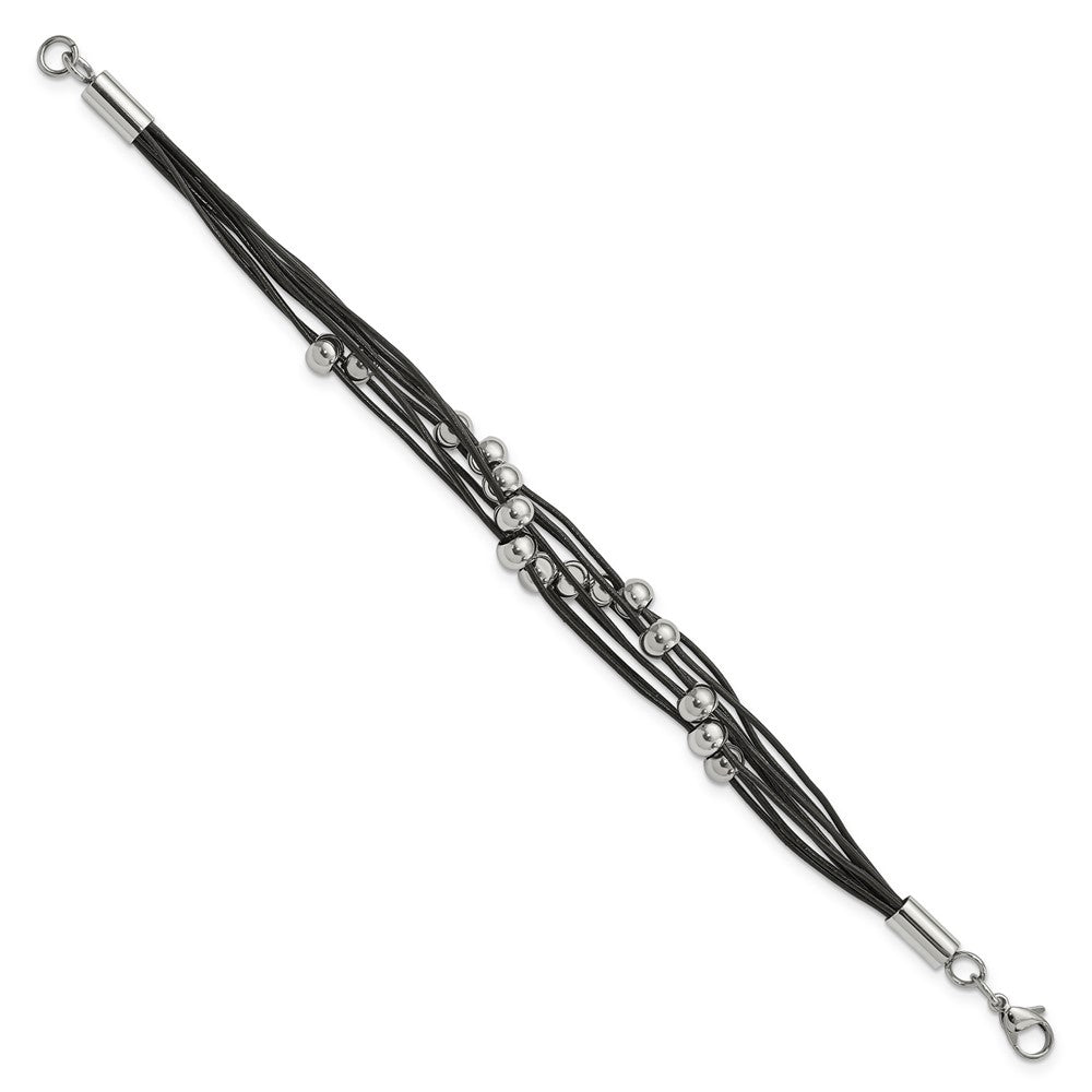 Stainless Steel Polished Beaded Multi-Strand Black Leather 8in Bracelet 8 inches