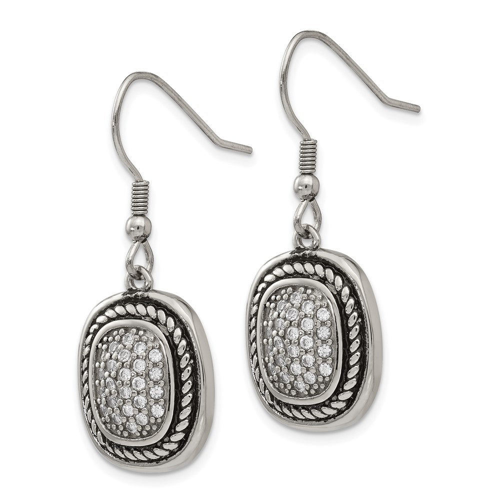 Stainless Steel Antiqued and Polished w/CZ Dangle Shepherd Hook Earrings