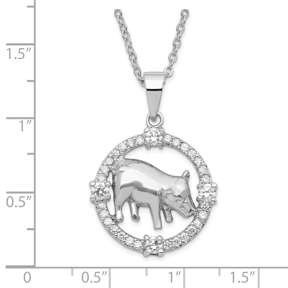 Sterling Silver Rhod Plated CZ Chinese Zodiac Pig Necklace