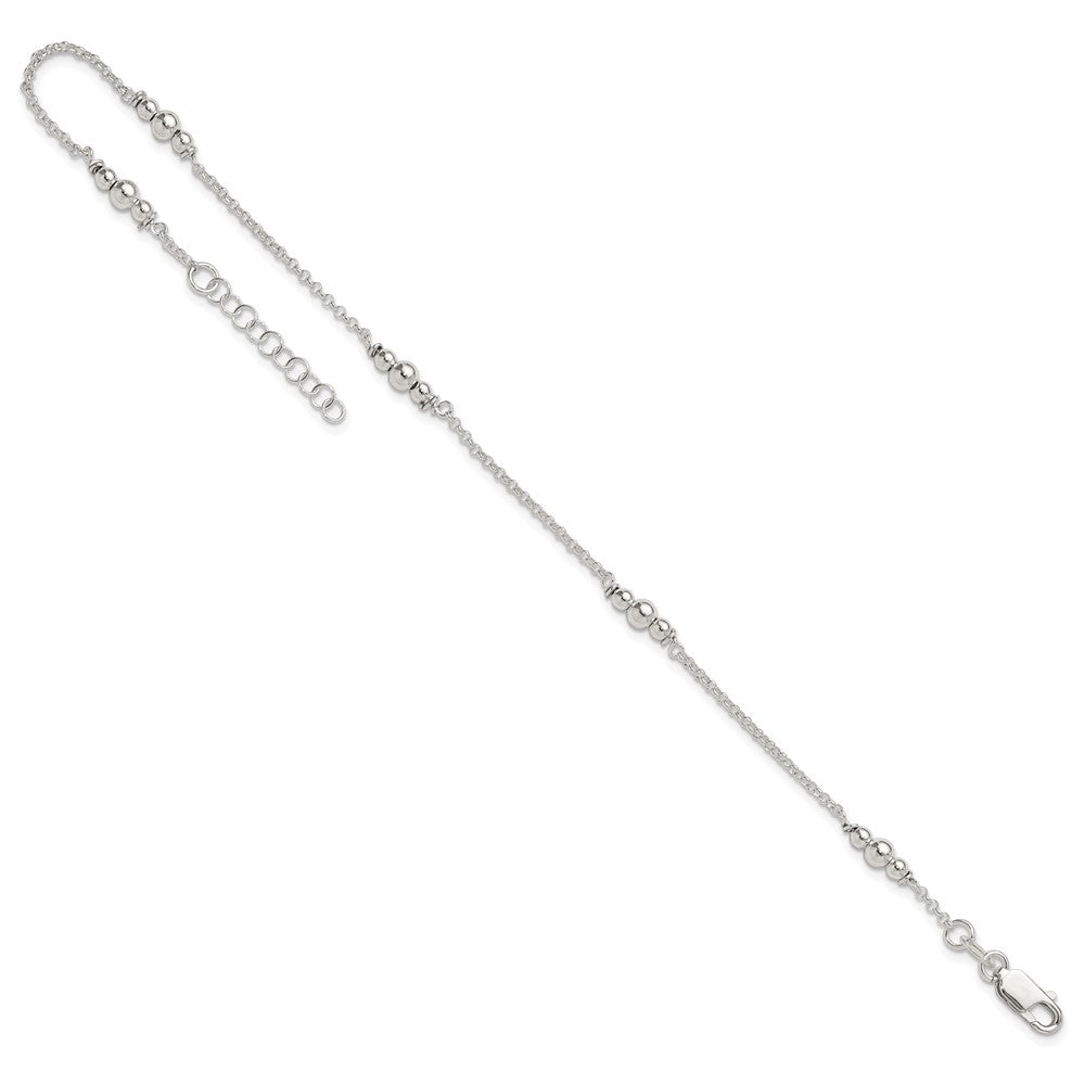 Sterling Silver Polished Bead 9in Plus 1in ext. Anklet 9 inches