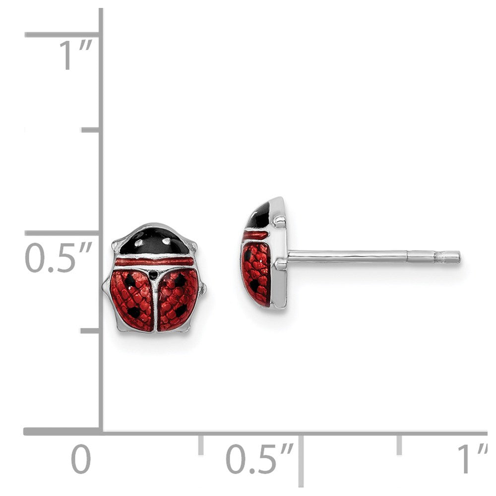 Sterling Silver Rhodium Polished Enameled Lady Bug Post Earrings