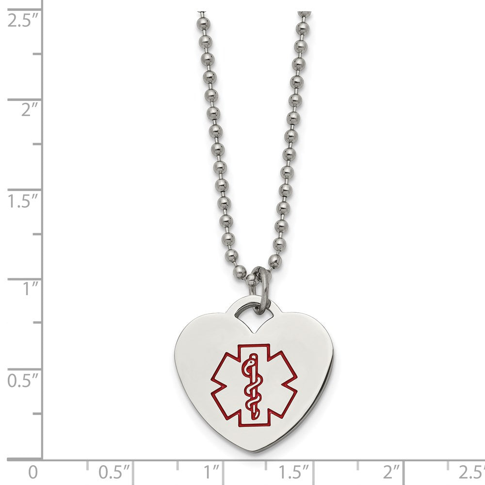 Stainless Steel Polished w/Red Enamel Heart Medical ID 22in Necklace