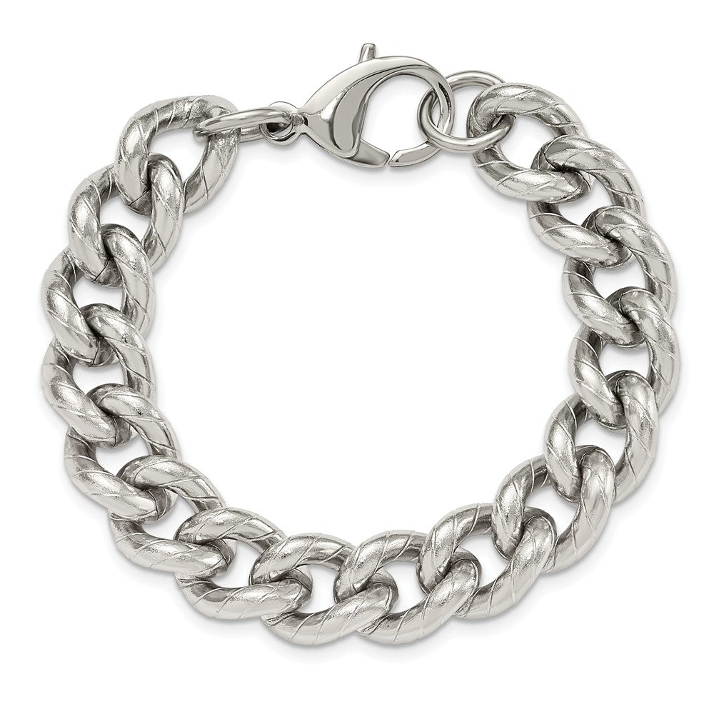 Stainless Steel Polished and Textured 14.5mm Curb 8in Bracelet 8 inches