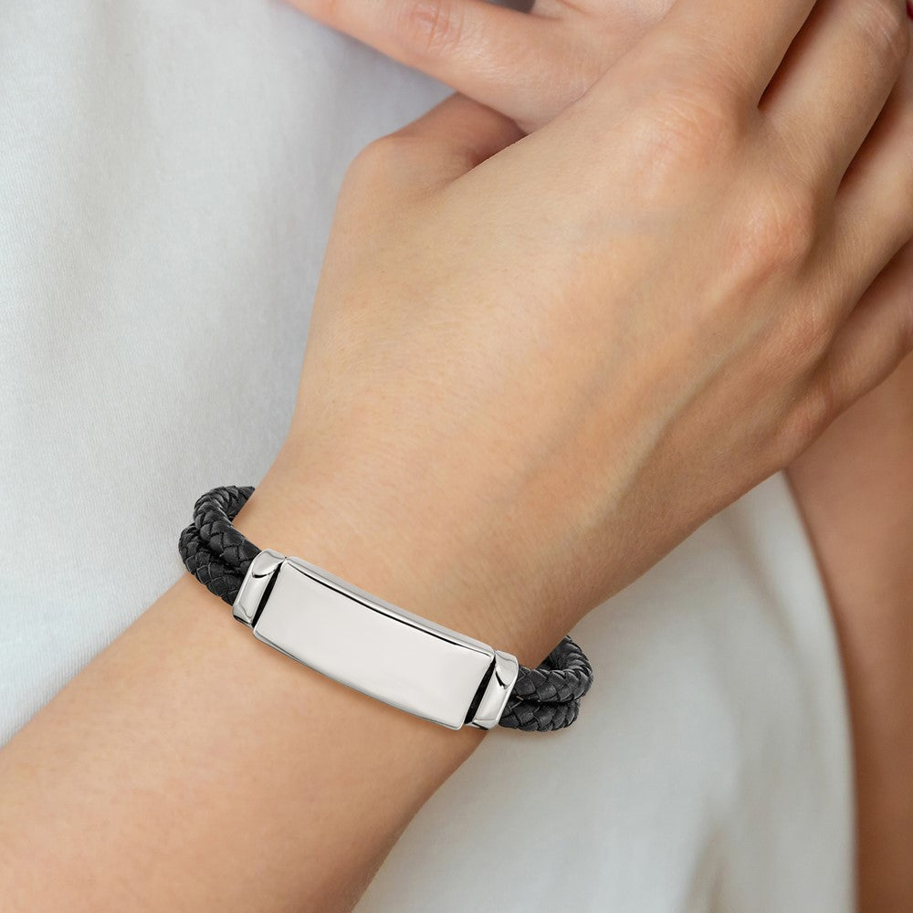 Stainless Steel Polished Black Leather 8.25in ID Bracelet 8.25 inches