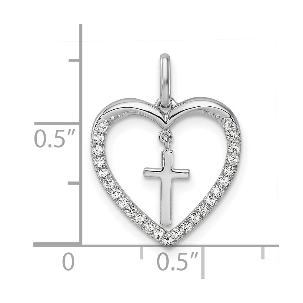 14K White Gold Polished Diamond Heart Dangle Cross Pendant