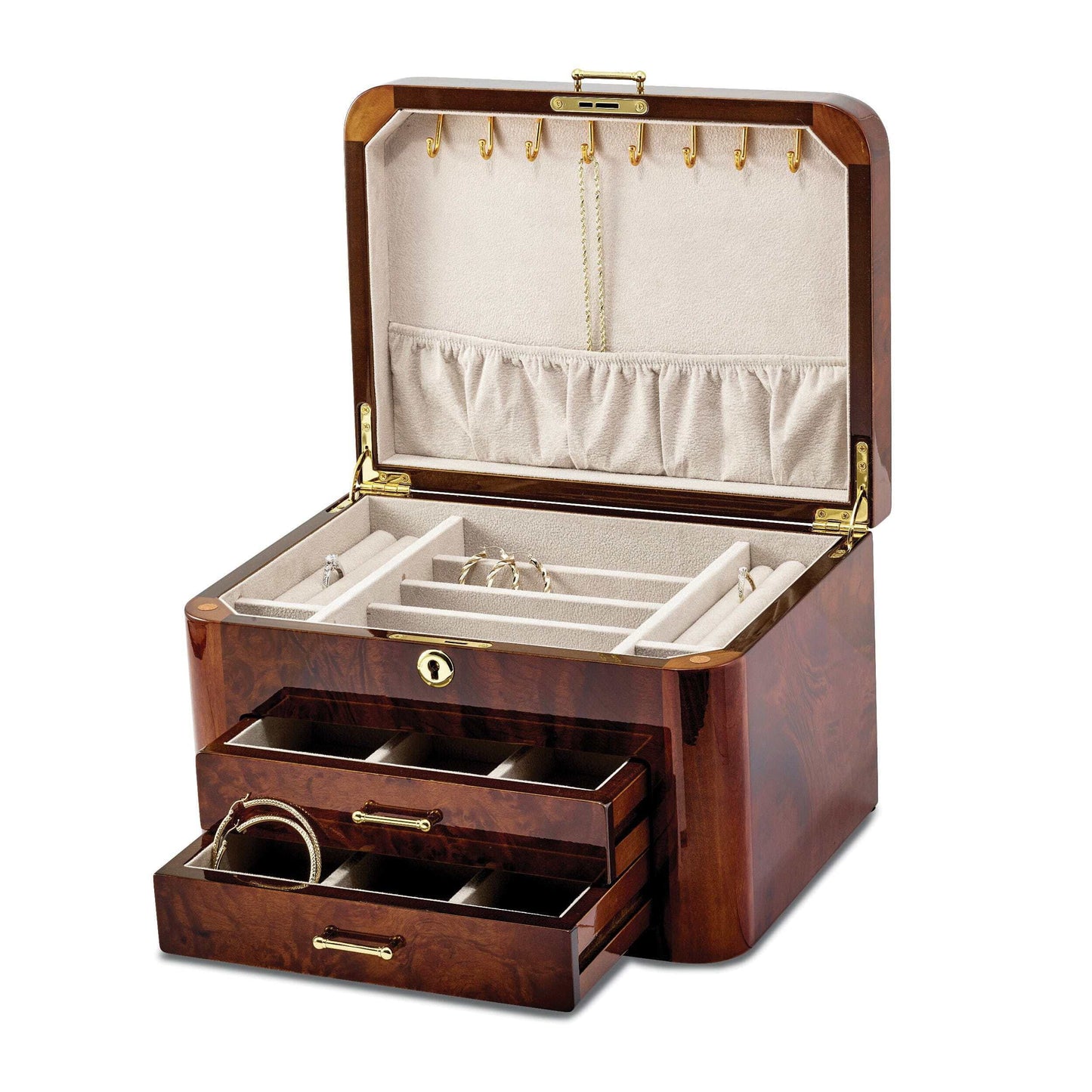 Luxury Giftware by Jere High Gloss Elm Burl Veneer with Double Braided Accents 2-drawer Locking Wooden Jewelry Box QJJB245