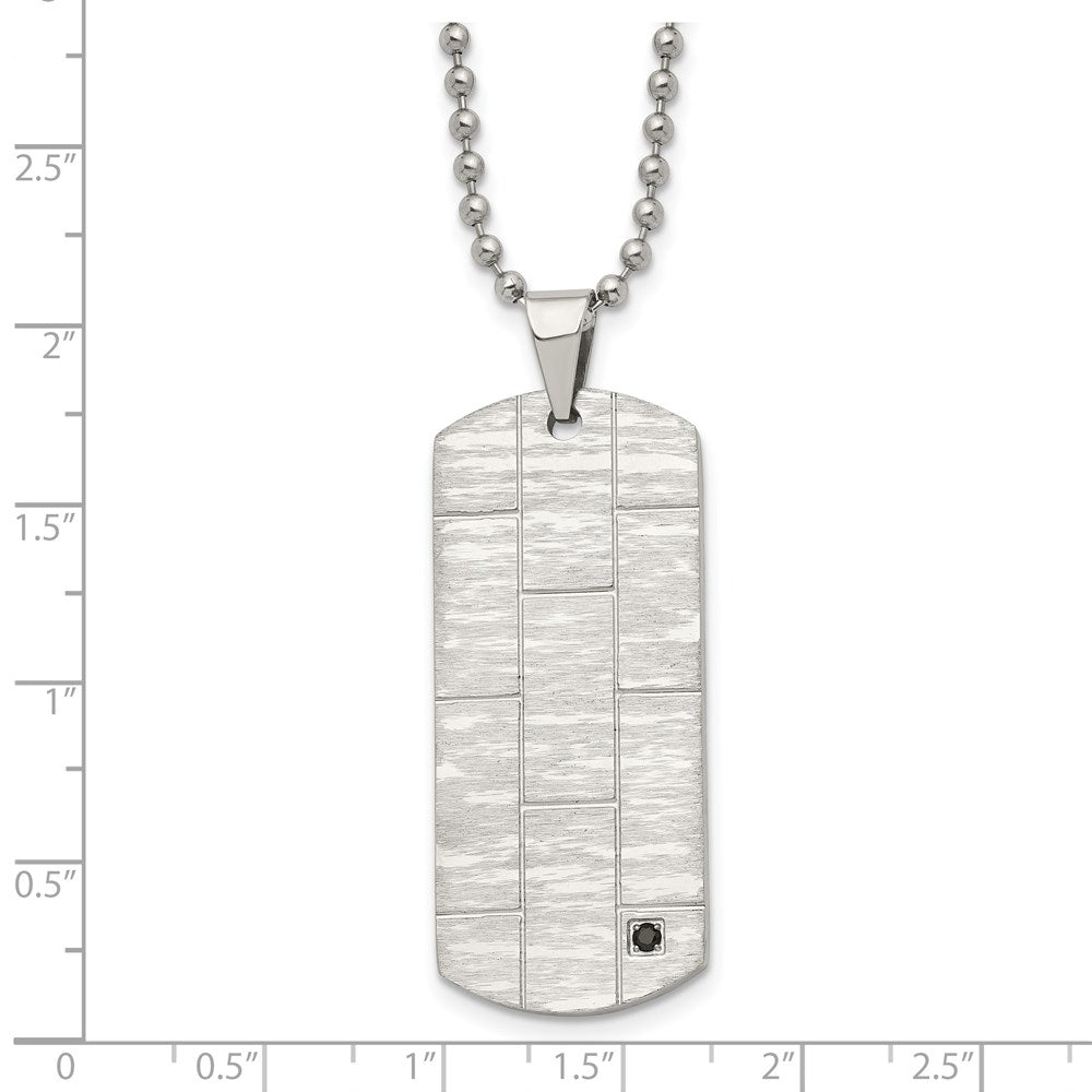 Stainless Steel Polished and Satin w/Black CZ Dog Tag 20in Necklace