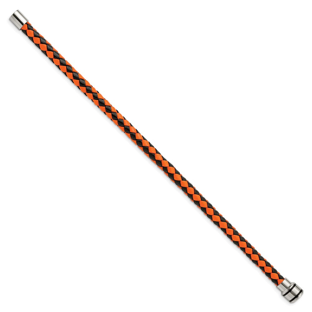 Stainless Steel Polished Black IP Black/Orange Woven Leather Bracelet 9 inches