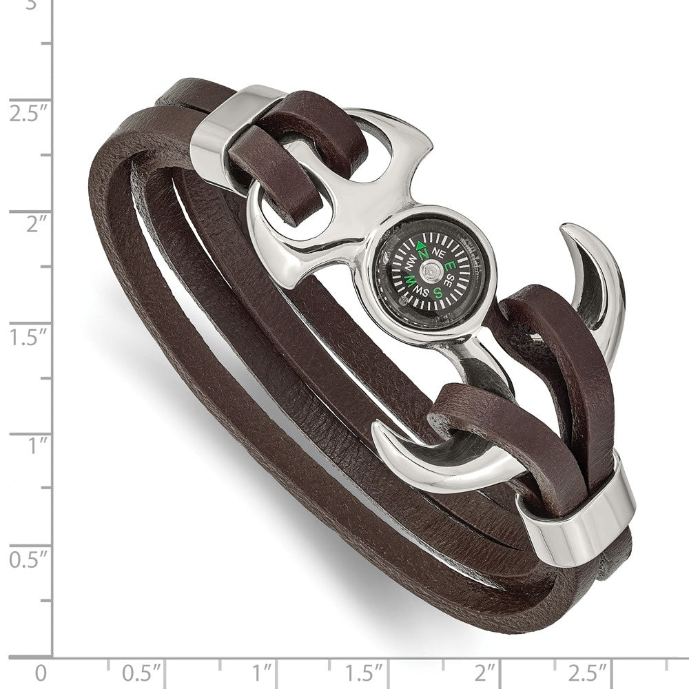 Stainless Steel Polished Functional Compass Brown Leather 8.5in Bracelet 8.5 inches