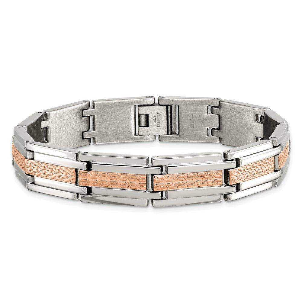 Stainless Steel Polished and Textured Rose IP-plated 8.5in Bracelet 8.5 inches
