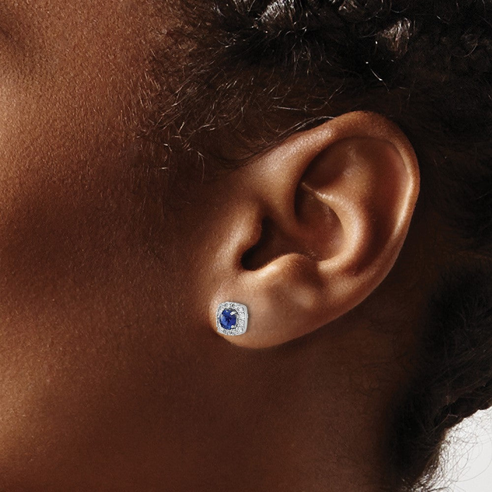 14k White Gold 1/5 carat Lab Grown Diamond VS/SI+ G+ and Created Sapphire Complete Square Halo Post Earrings