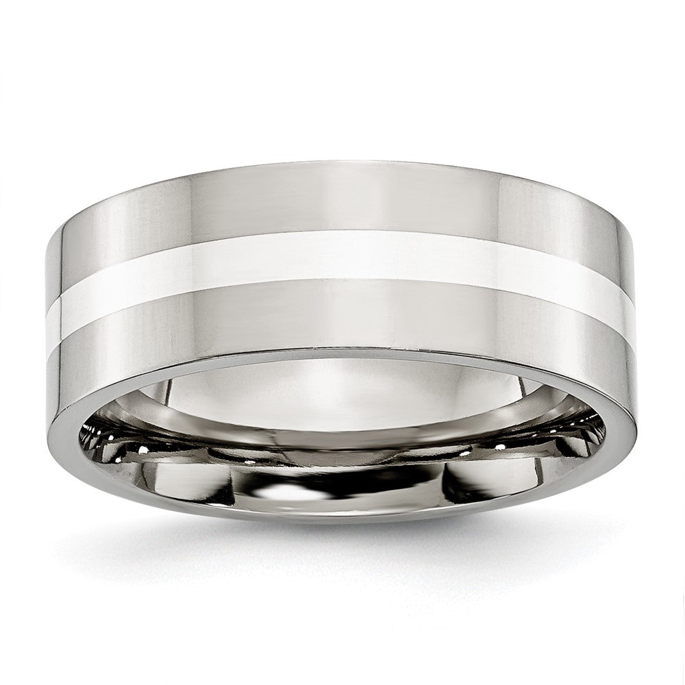 Stainless Steel w/Sterling Silver Inlay Polished 8mm Flat Band Size - 8.5