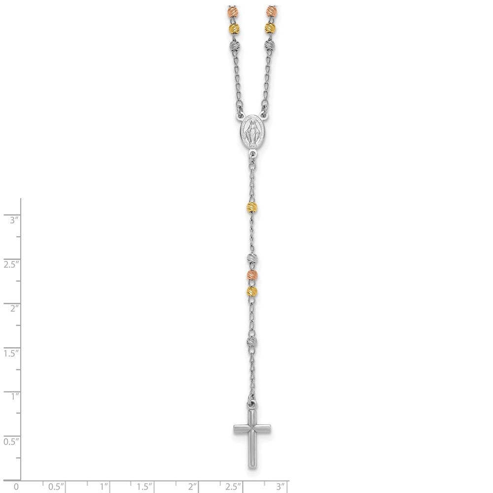 Sterling Silver Rhodium-plated Diamond-cut Tri-color Gold-plated 18.5 inch with 1 inch extender Rosary Necklace