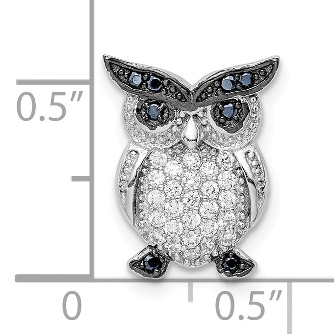 Sterling Silver Rhodium-plated Polished Black and Clear CZ Owl Chain Slide