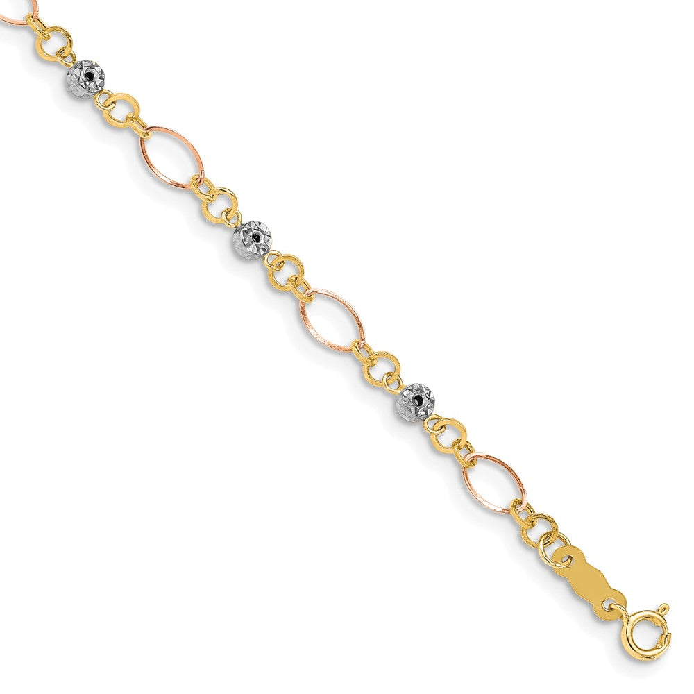 14k Tri-color Polished Diamond-cut Ovals & Donut Beads Bracelet 7.5 inches