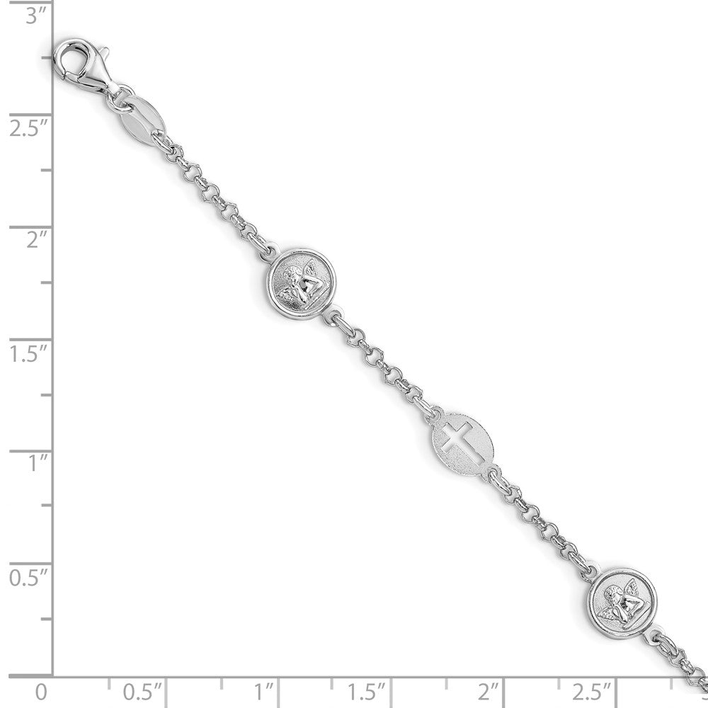 Sterling Silver Rhodium Plated Cross and Angel Bracelet 7.5 inches